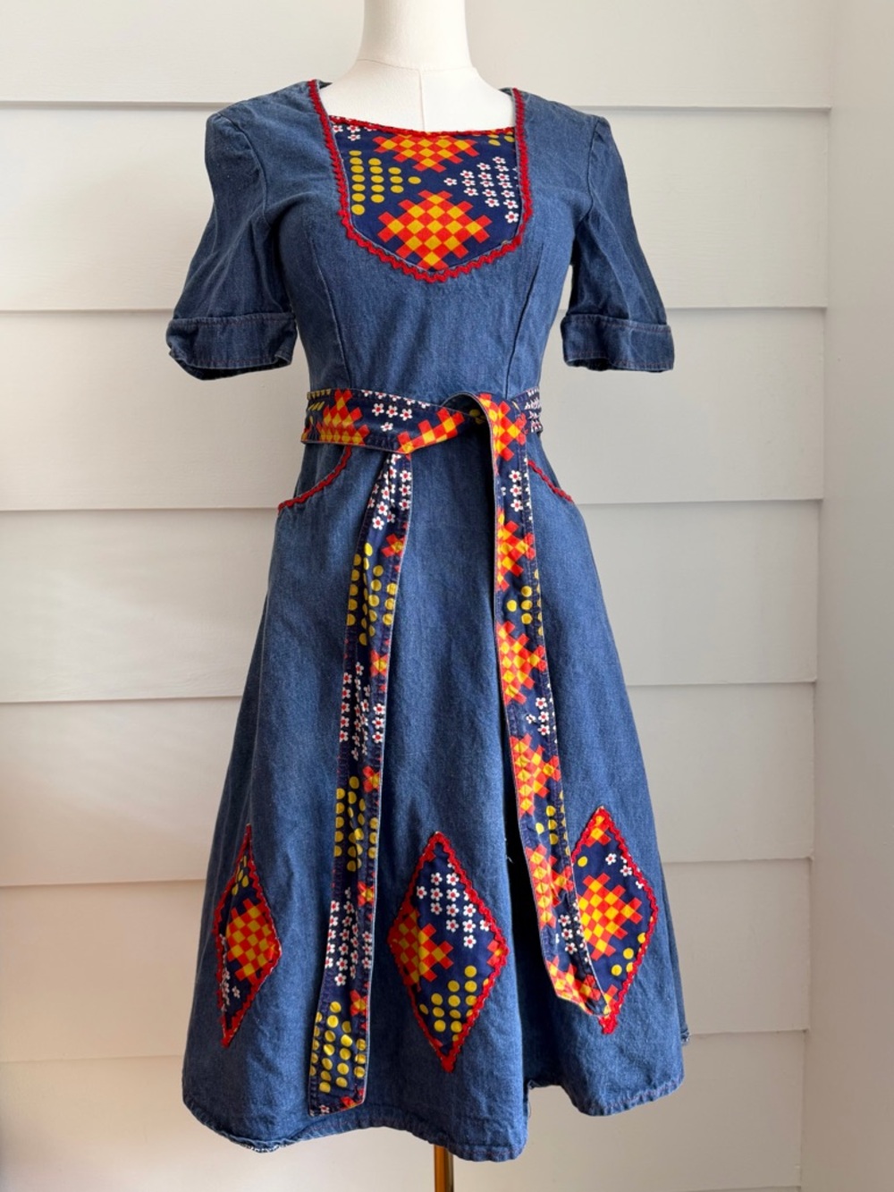 Vintage 1970s Denim Dress Patchwork Trim XXS